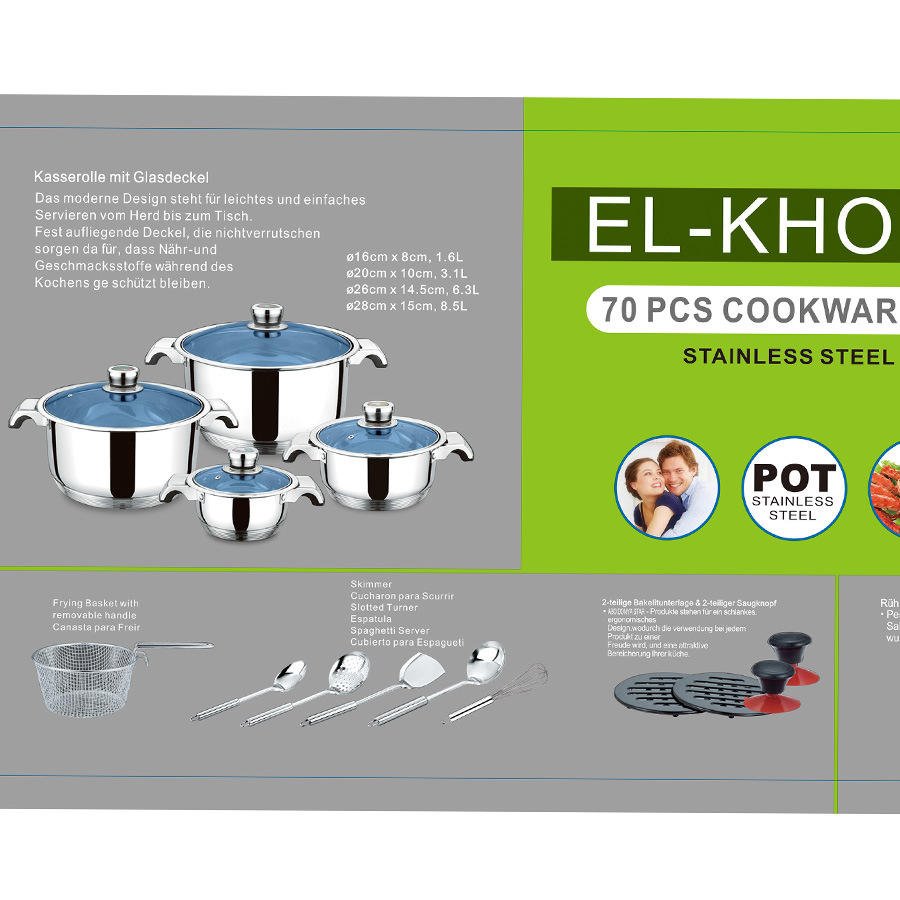Customizable 70/100/110pcs 304/201Kitchen Cook Double Bottom cookware sets with Glass Lid Stainless Steel Cooking Pot Set