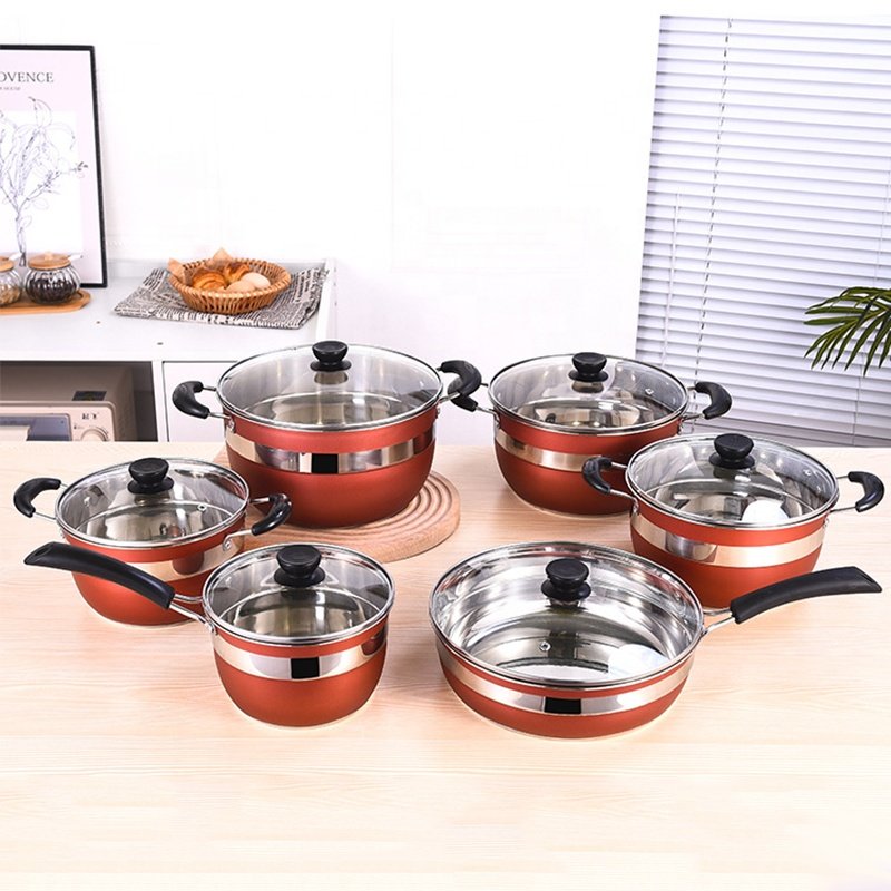 Stock Available Non Stick Stainless Steel 12 Pcs Red Cookware Set Pots And Pan Sets