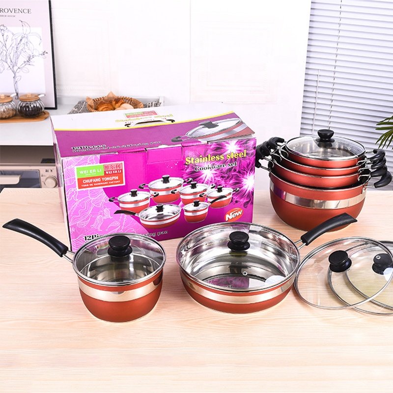 Stock Available Non Stick Stainless Steel 12 Pcs Red Cookware Set Pots And Pan Sets