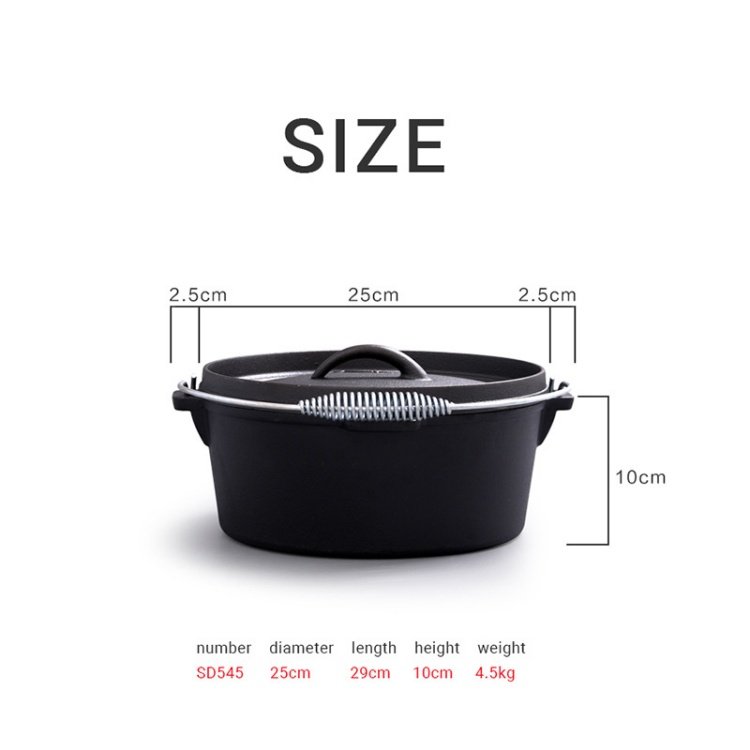 Best-selling outdoor barbecue Picnic Stewpot Thickened Uncoated Round black 25cm cast iron camping pot set with hook pot rack
