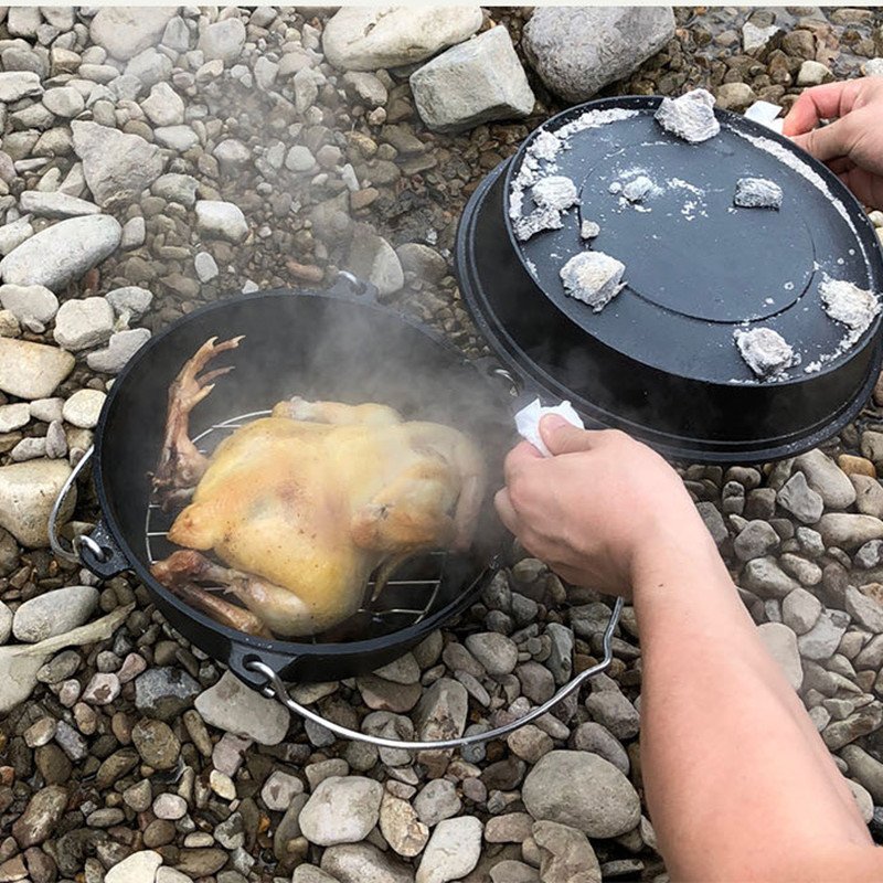 Best-selling outdoor barbecue Picnic Stewpot Thickened Uncoated Round black 25cm cast iron camping pot set with hook pot rack