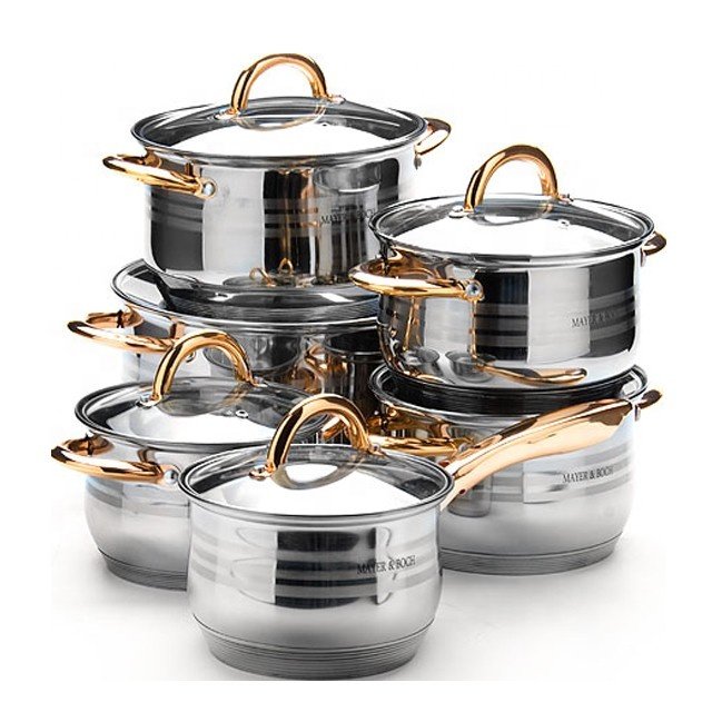Promotional 12-piece stainless steel cookware sets rose gold color handles and knob pots and pans