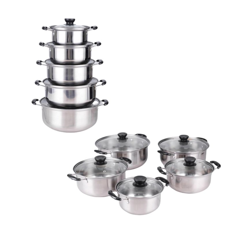 Factory direct sales stainless steel kitchenware black handle soup pot 10pcs cuisine cookware set cooking pots