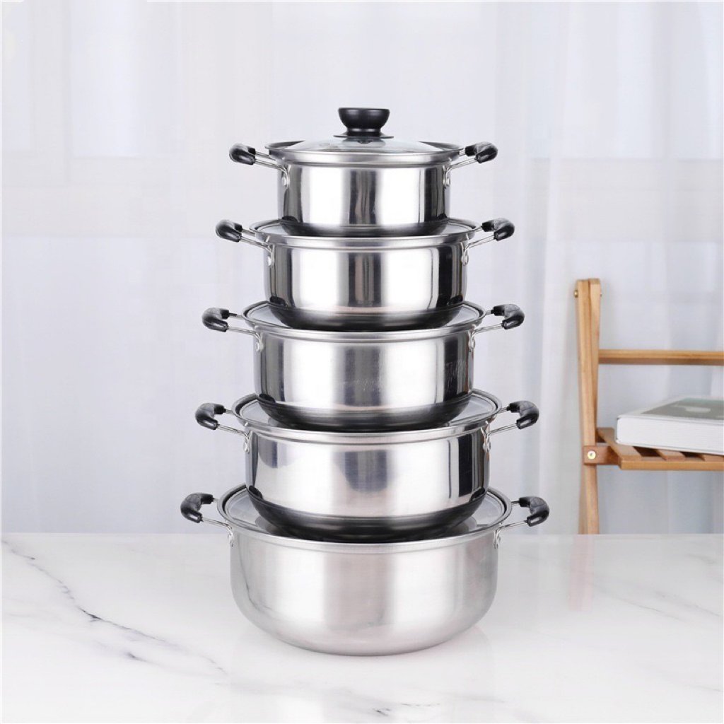 Factory direct sales stainless steel kitchenware black handle soup pot 10pcs cuisine cookware set cooking pots