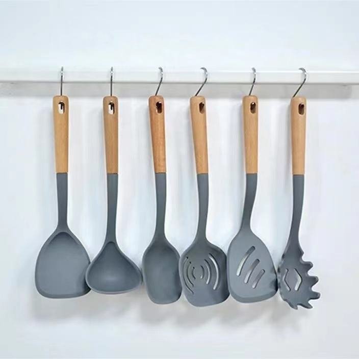 Hot Sale 6 Piece Cooking Tools Silicone Kitchen Utensils Kitchen Utensils Set with Wooden Handles Cooking Tools set