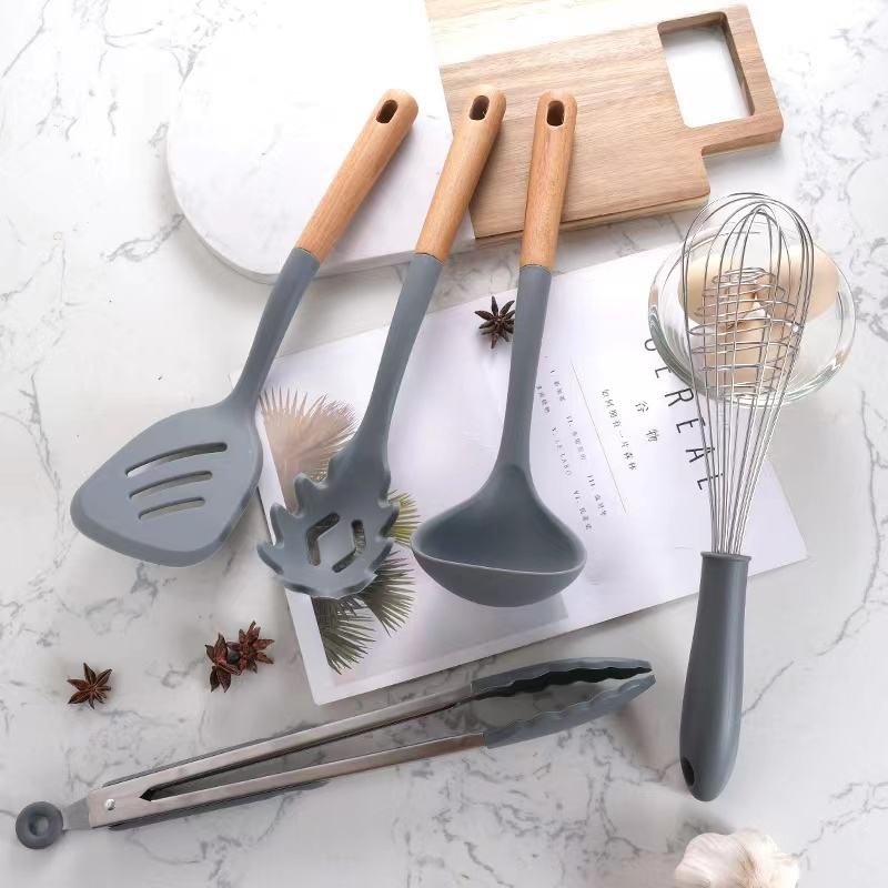 Hot Sale 6 Piece Cooking Tools Silicone Kitchen Utensils Kitchen Utensils Set with Wooden Handles Cooking Tools set