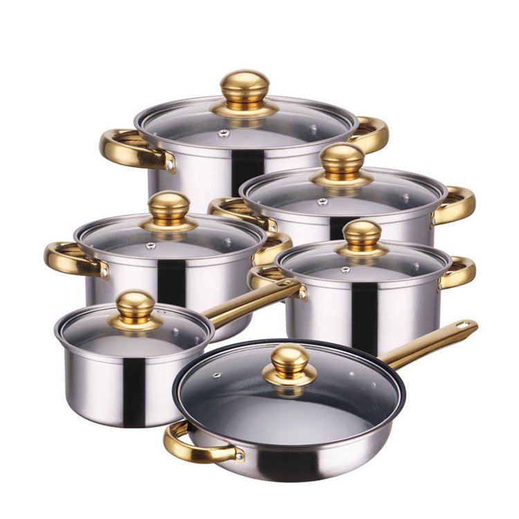 Stainless steel pot set non-stick pan 12-piece set gold-plated handle cooking pots cookware set kitchen