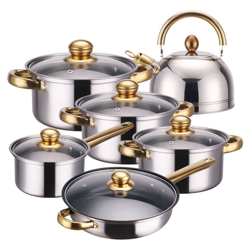 Stainless steel pot set non-stick pan 12-piece set gold-plated handle cooking pots cookware set kitchen