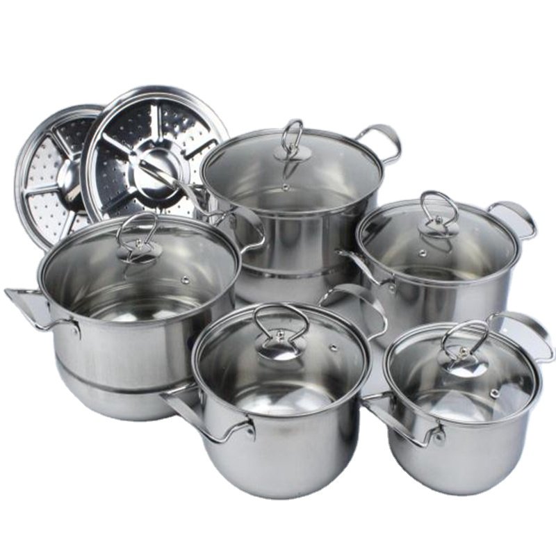 12pcs wholesale non stick soup stock steam cooking pot stainless steel cookware sets casserole set with lid
