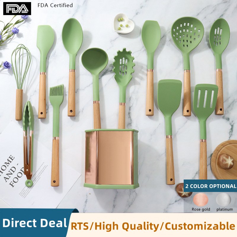 Kitchen Non-Stick 12-Piece Wooden Handle Silicone Cookware Set With Stainless Steel Storage Bucket