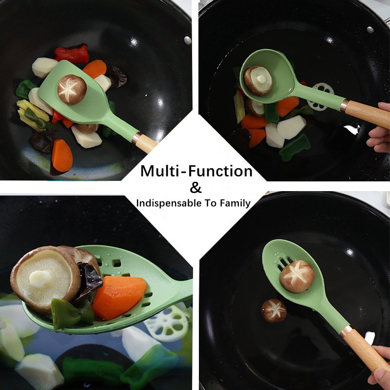 Kitchen Non-Stick 12-Piece Wooden Handle Silicone Cookware Set With Stainless Steel Storage Bucket