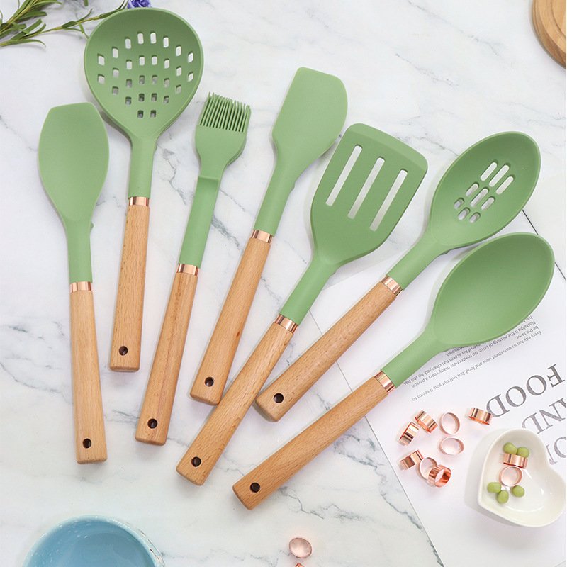 Kitchen Non-Stick 12-Piece Wooden Handle Silicone Cookware Set With Stainless Steel Storage Bucket