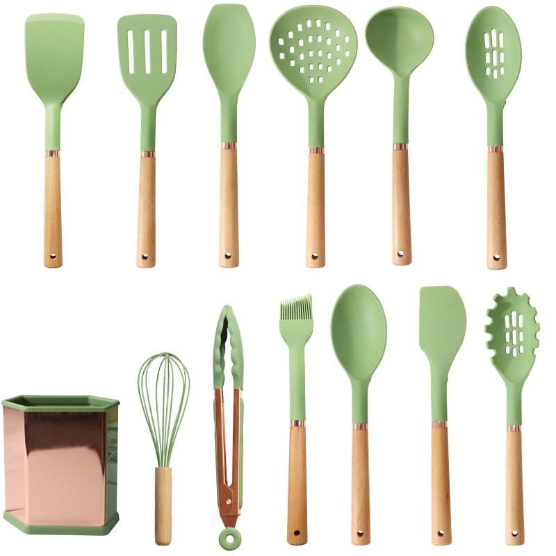 Kitchen Non-Stick 12-Piece Wooden Handle Silicone Cookware Set With Stainless Steel Storage Bucket