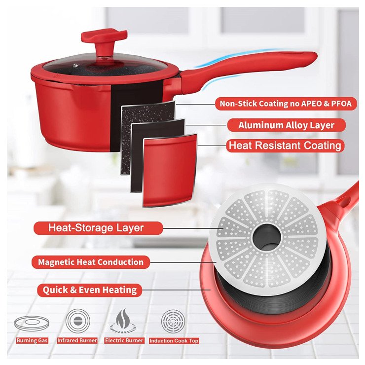 Christmas gift red color die cast Aluminum Non Stick Pots and pans Cookware set Kitchenware Cooking Kitchen Cooking Pot Set