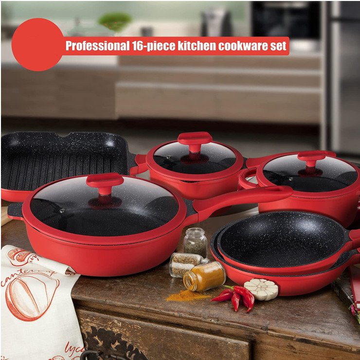 Christmas gift red color die cast Aluminum Non Stick Pots and pans Cookware set Kitchenware Cooking Kitchen Cooking Pot Set