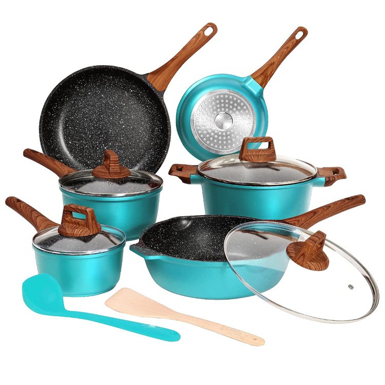 Best Sale Kitchen Cookware Food Cooking Pot Sets Pans Sets Cookware Aluminum OEM Packing Ceramic Coating Stainless Steel Handle