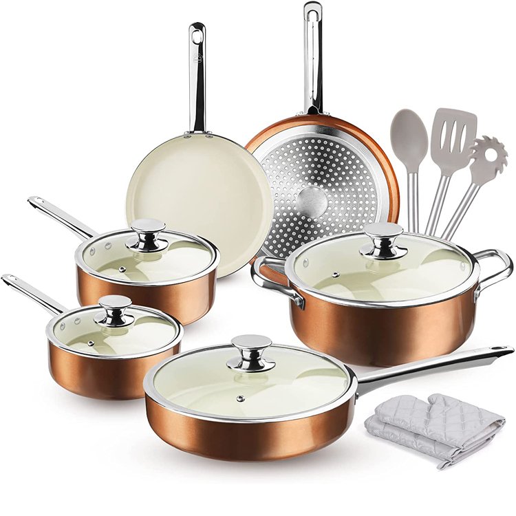 Best Sale Kitchen Cookware Food Cooking Pot Sets Pans Sets Cookware Aluminum OEM Packing Ceramic Coating Stainless Steel Handle