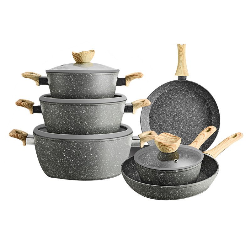 Wholesale High Quality NonStick Aluminum Cookware Pot Medical Stone Eco-friendly Cookware Pans and Pot Set With Silicone Rim Lid