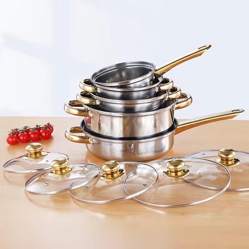 Home Utensils Kitchen Induction Nonstick 12 Pcs Stainless Steel Pots Cookware Sets Cooking Pots And Pans Camping