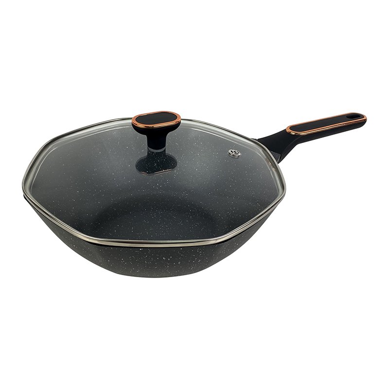 Octagonal die cast aluminum non stick cookware set aluminium marble Glass lid with silicone rim Bottom with engraved logo