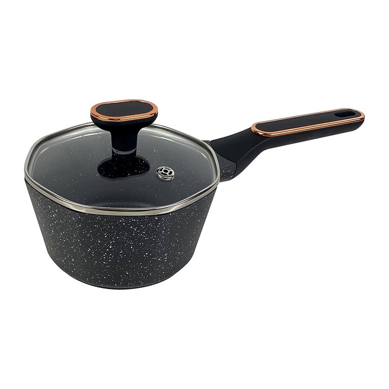 Octagonal die cast aluminum non stick cookware set aluminium marble Glass lid with silicone rim Bottom with engraved logo