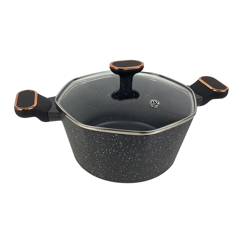 Octagonal die cast aluminum non stick cookware set aluminium marble Glass lid with silicone rim Bottom with engraved logo
