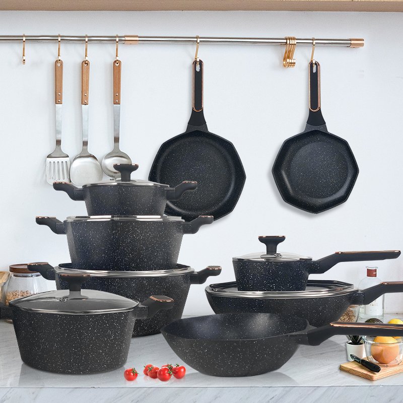 Octagonal die cast aluminum non stick cookware set aluminium marble Glass lid with silicone rim Bottom with engraved logo
