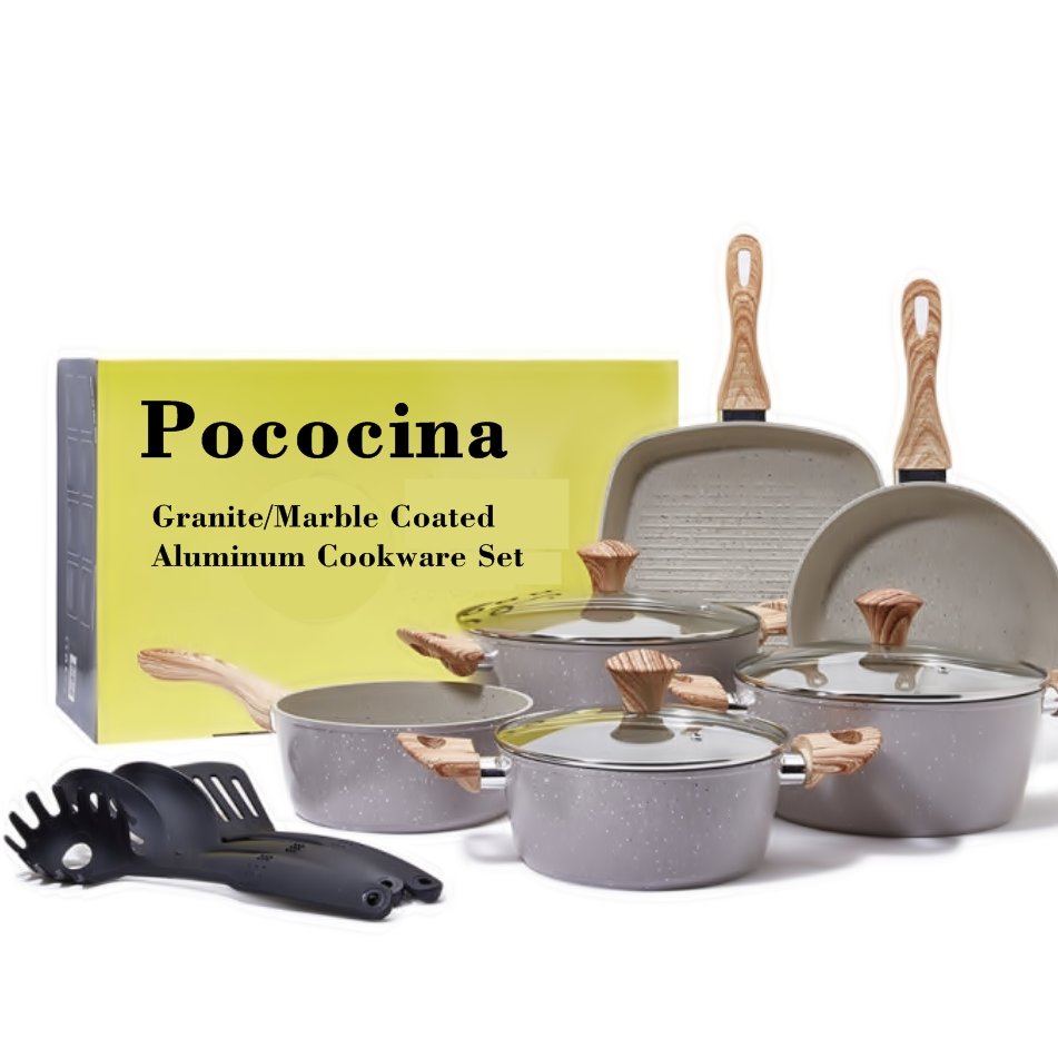 Beige Forged Aluminum Non-Stick Marble Cookware Set 4pcs Kitchen Utensils Glass Metal Pans Casserole Fry Pan Granite Cooking