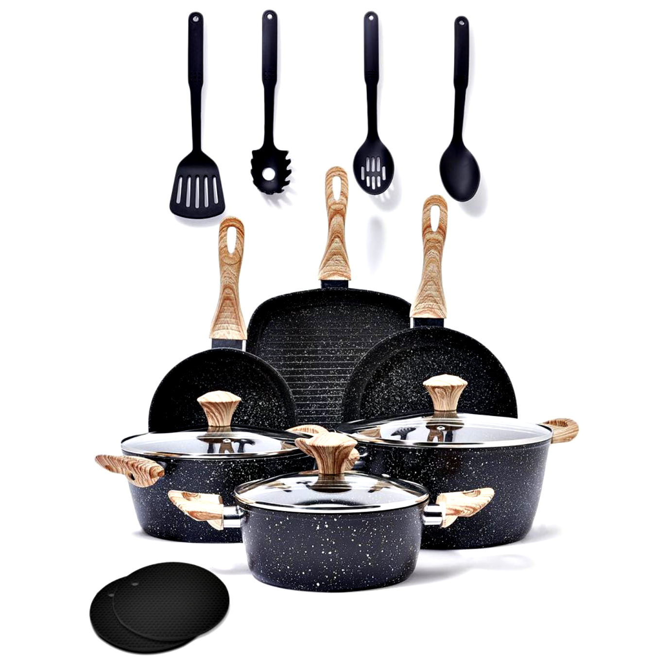 Beige Forged Aluminum Non-Stick Marble Cookware Set 4pcs Kitchen Utensils Glass Metal Pans Casserole Fry Pan Granite Cooking