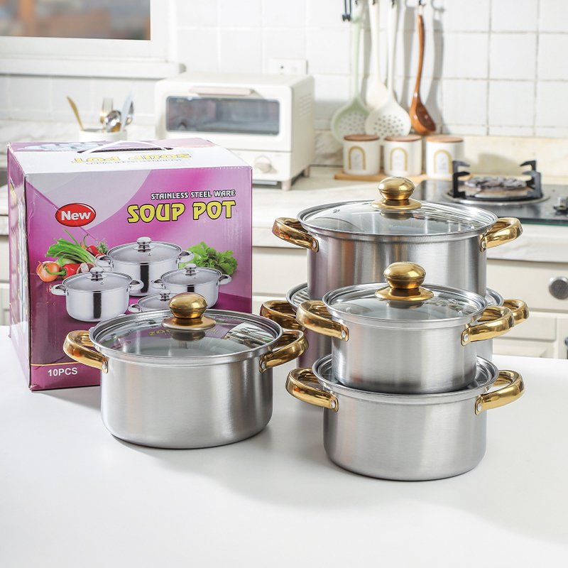 2023 Hot Sale 10pcs Stainless Steel Gold Handle Kitchen Cookware Sets Induction Cooking Pots Glass Casserole Collection