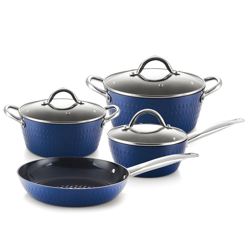 new blue color diamond nonstick pan with Induction bottom 8'' 9.5'' 10'' with glass lid Cookware Set