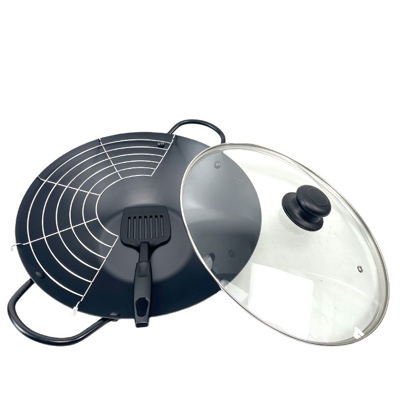 2024 Multifunctional 4 Pc Set Wok Pan Cookware Sets with Rack and Spatula Cooking Non-stick Carbon Steel Home Sustainable Nylon