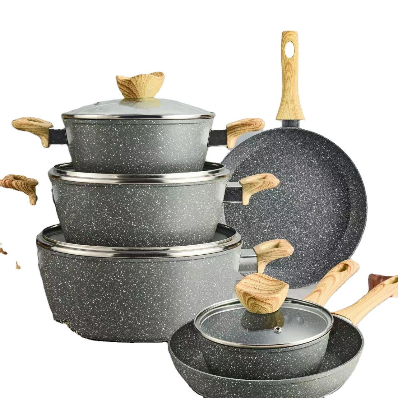 10 pieces Cooking Non-Stick Cookware Granite New Arrival Home Use Aluminium Alloy Wooden Handle Pot Set Cookware Set Cooking