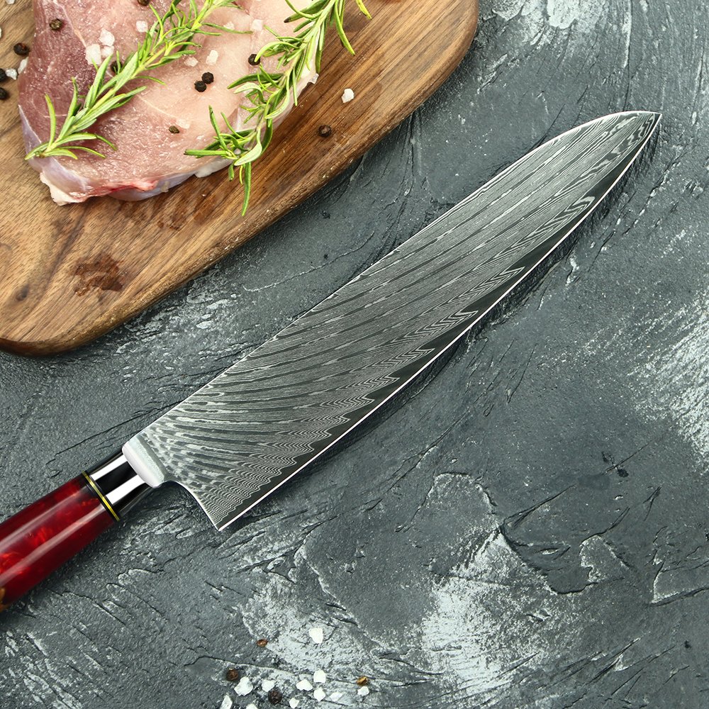 Red Resin Damascus Steel Kitchen Knife Cookware Set