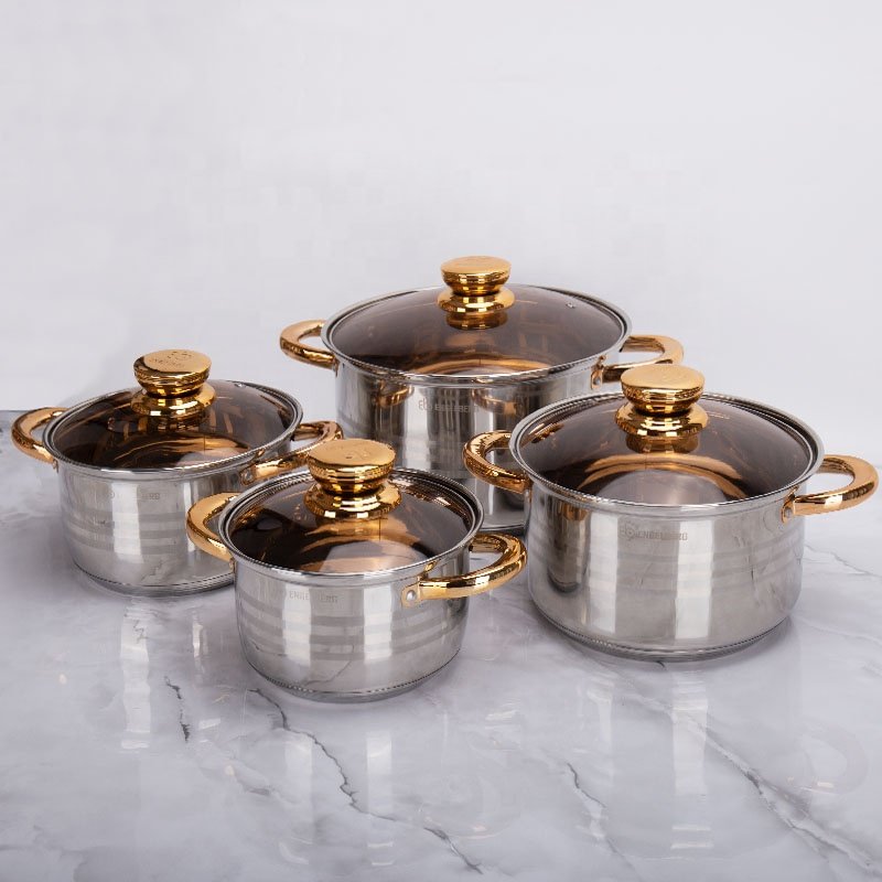 12Pcs Cooking Pots And Pans Stainless Steel Gold Cooking Pots Nonstick Kitchen Cookware Sets Metal Pot Set Stocked