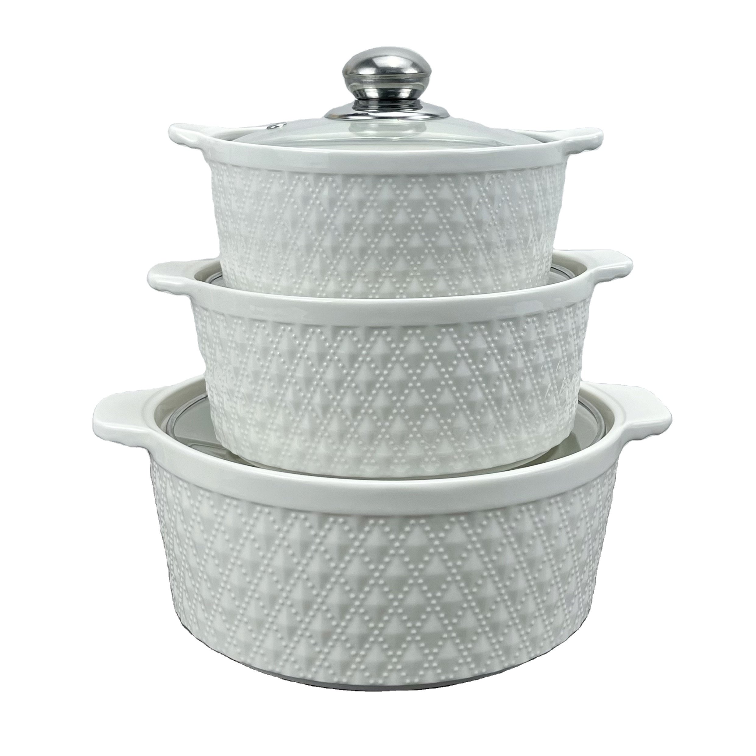 Porcelain Tableware White Casserole Pot Embossed Ceramic Soup Pot Sets with Glass Lid