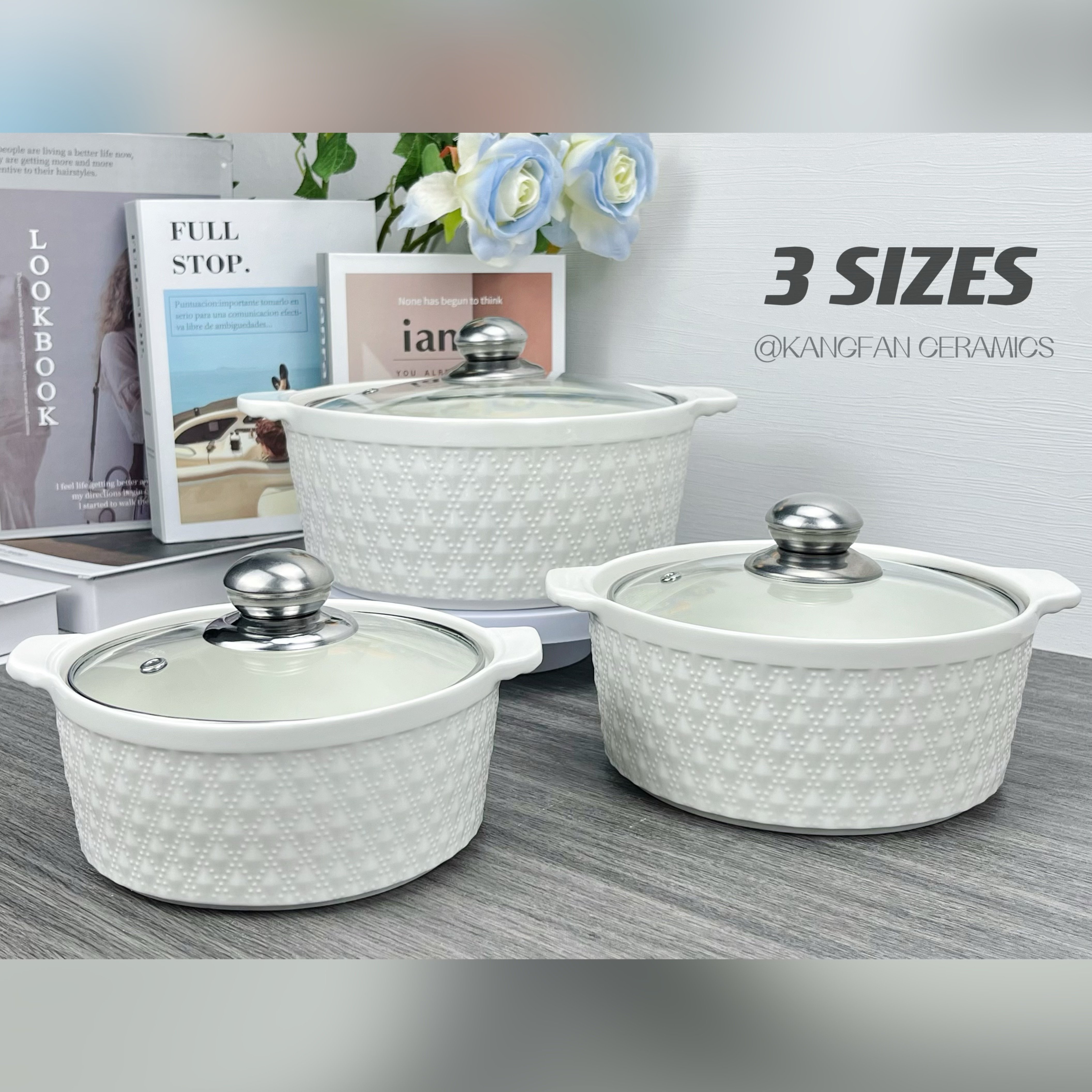 Porcelain Tableware White Casserole Pot Embossed Ceramic Soup Pot Sets with Glass Lid