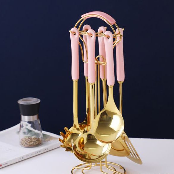 New high quality hot selling stainless steel Light luxury gold cookware set with ceramic handle 7 pieces shovel Spoon