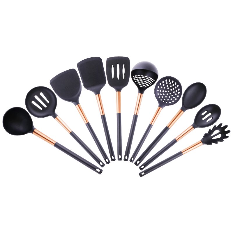 Kitchen Tools 10 Pieces nylon Kitchen Utensil Set kitchen Tools With Copper Stainless Steel Handle And Holder