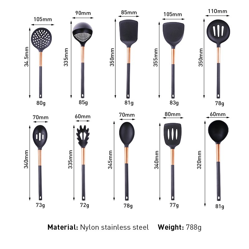 Kitchen Tools 10 Pieces nylon Kitchen Utensil Set kitchen Tools With Copper Stainless Steel Handle And Holder