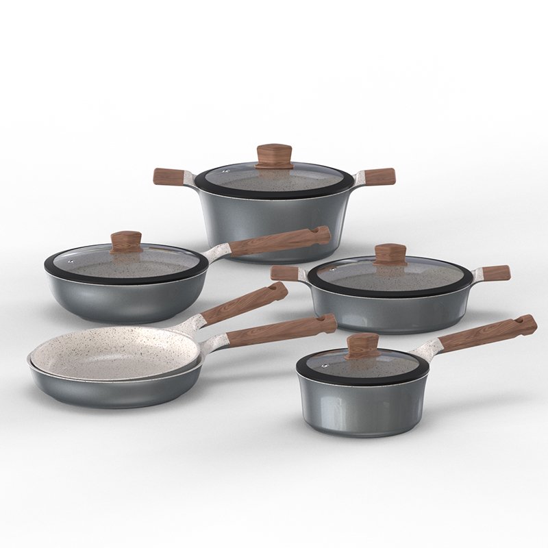 10 pcs kitchen Aluminum non stick fry pan and casseroles cooking cookware sets with silicone glass lid