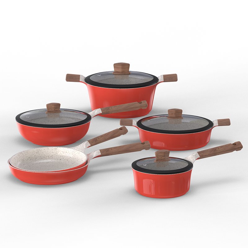 10 pcs kitchen Aluminum non stick fry pan and casseroles cooking cookware sets with silicone glass lid