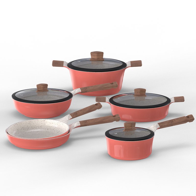 10 pcs kitchen Aluminum non stick fry pan and casseroles cooking cookware sets with silicone glass lid