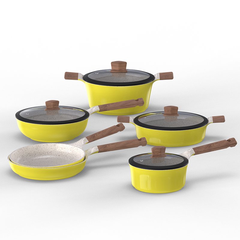 10 pcs kitchen Aluminum non stick fry pan and casseroles cooking cookware sets with silicone glass lid
