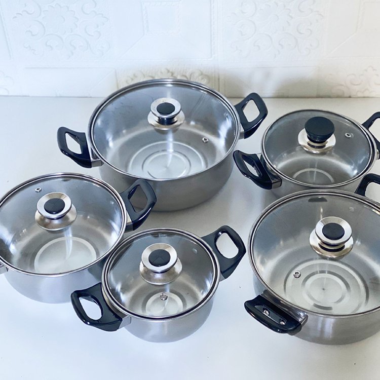 Customized Logo Cheap Useful Kitchen Cooking Pot New 410 Stainless Steel Non Stick Cookware Set With Teapot