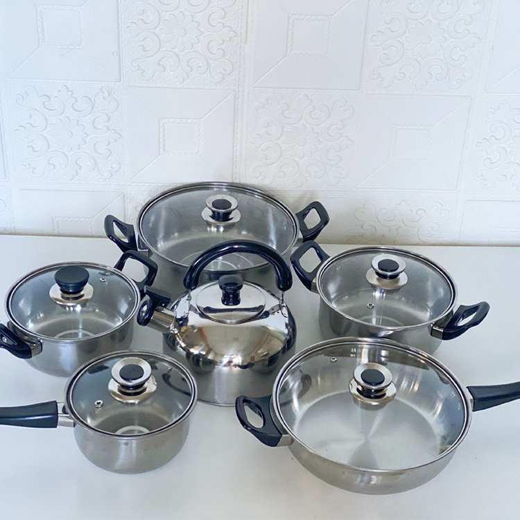 Customized Logo Cheap Useful Kitchen Cooking Pot New 410 Stainless Steel Non Stick Cookware Set With Teapot