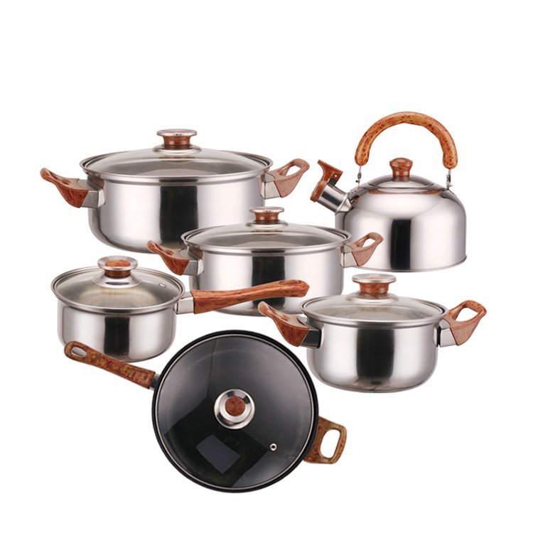 Customized Logo Cheap Useful Kitchen Cooking Pot New 410 Stainless Steel Non Stick Cookware Set With Teapot