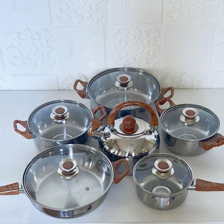 Customized Logo Cheap Useful Kitchen Cooking Pot New 410 Stainless Steel Non Stick Cookware Set With Teapot