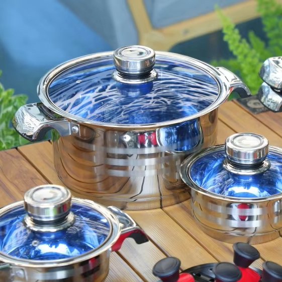 45 Piece Stainless Steel Kitchen Cookware Set With Blue Glass Lid & Thermometer Knob Cooking Pot Set