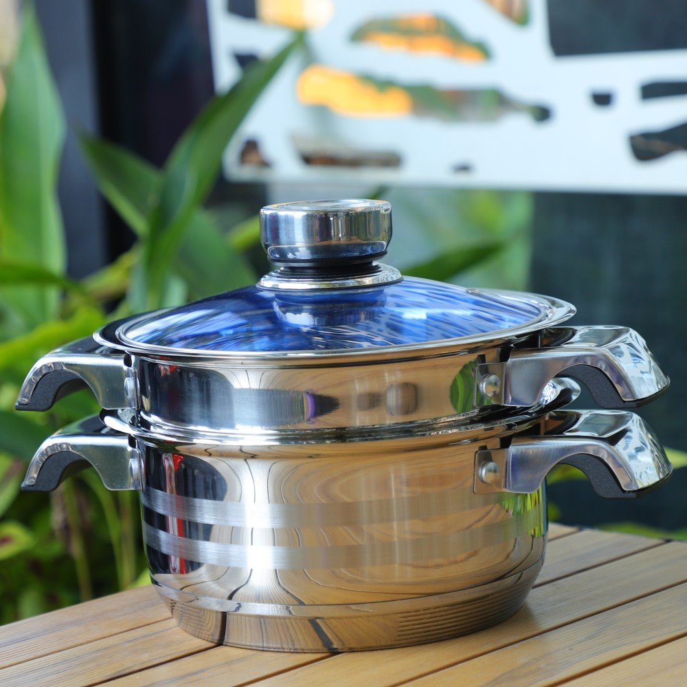 45 Piece Stainless Steel Kitchen Cookware Set With Blue Glass Lid & Thermometer Knob Cooking Pot Set